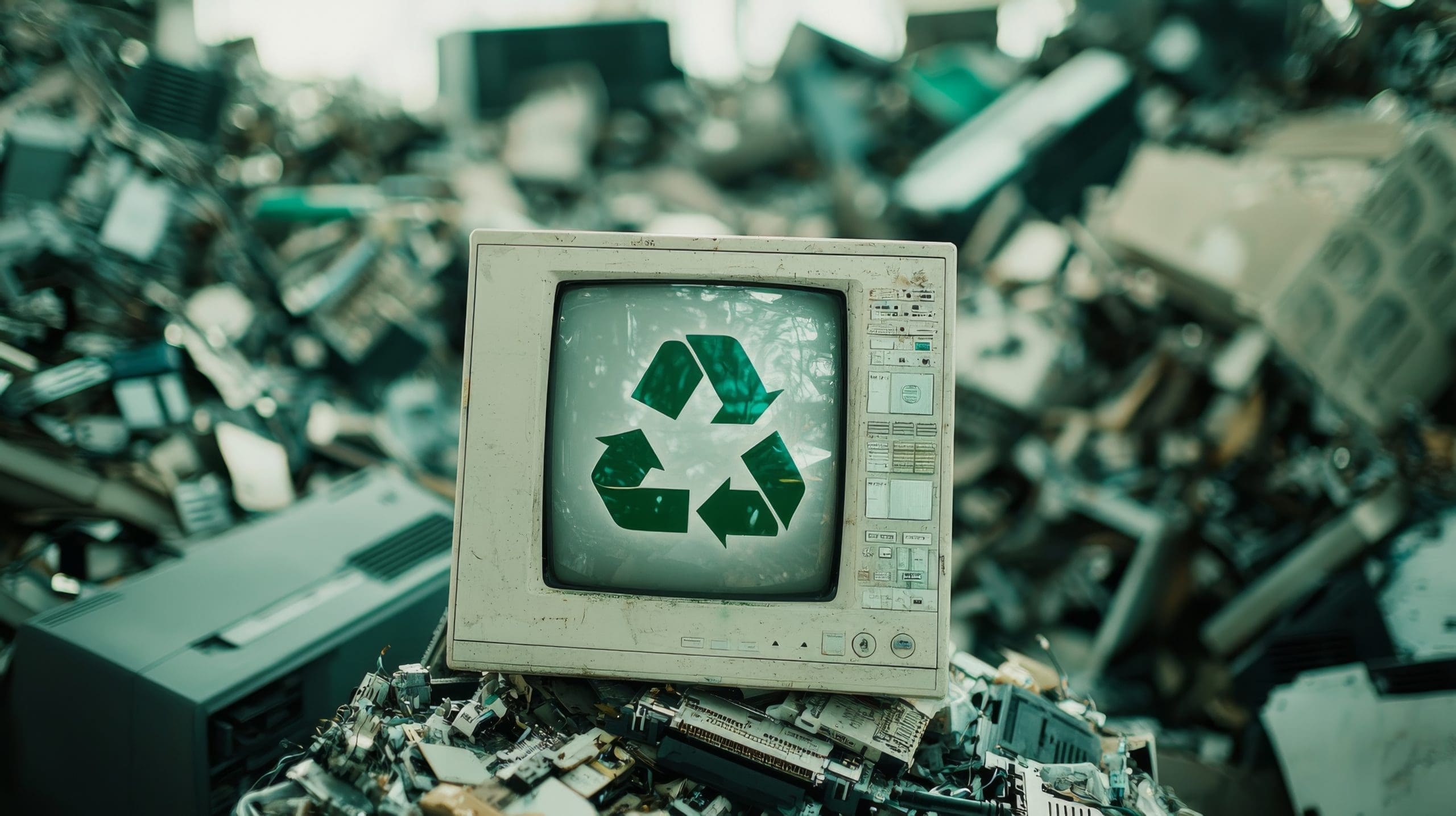 Symbolizing electronic waste and the importance of recycling, this desktop computer sports a bright green recycle symbol.