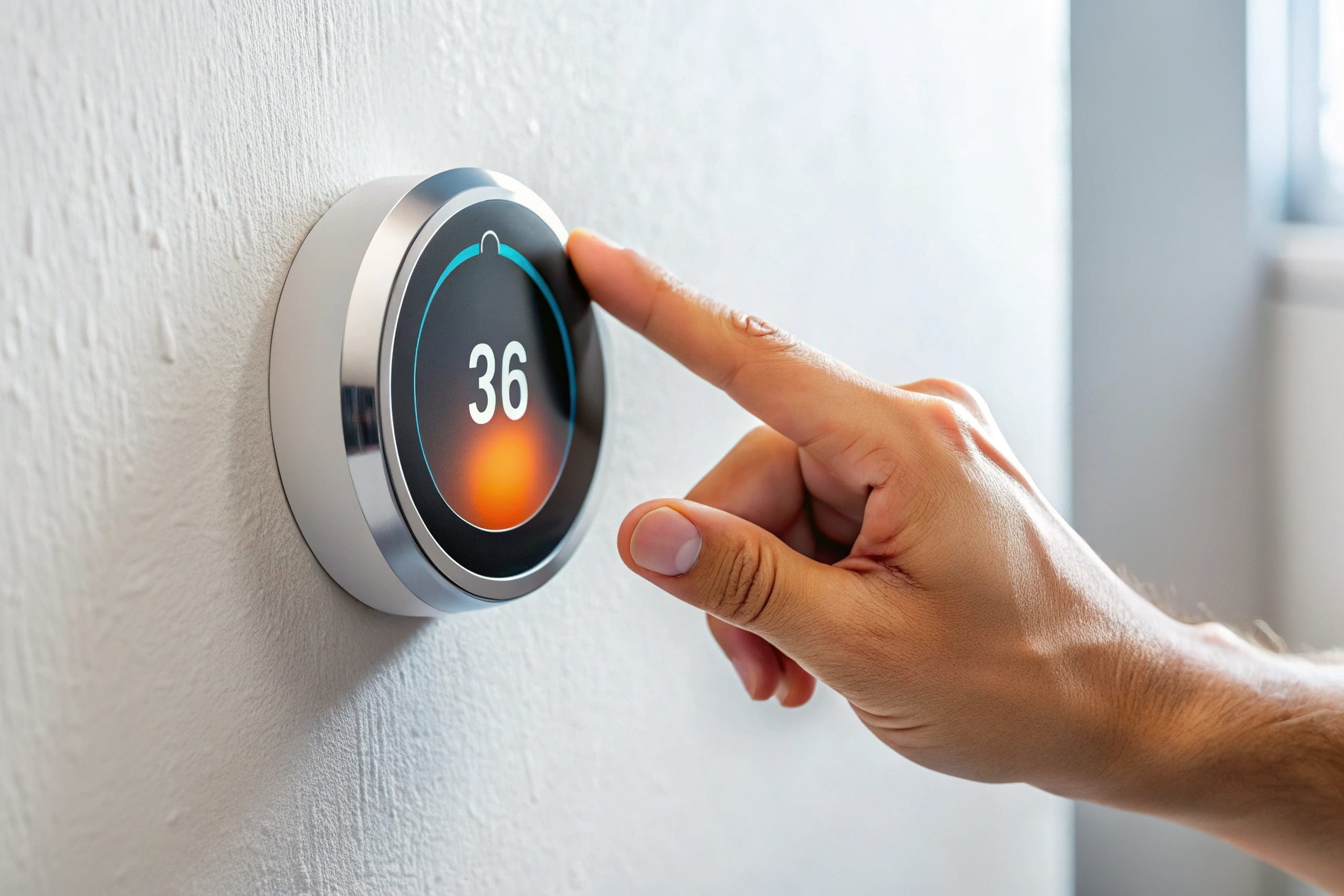 Smart Home Technology: Hand Adjusting Modern Thermostat