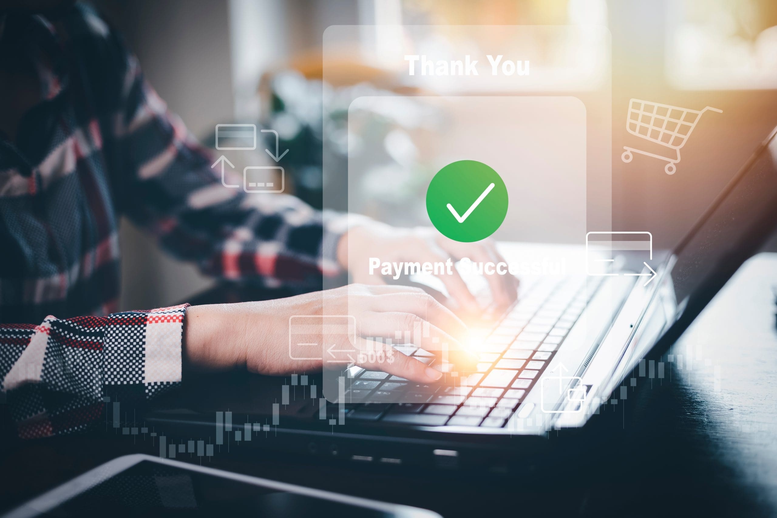 Hand using tablet with Online payment ,Hand touch banking online bill payment Approved concept button, credit card and network connection icon on business technology virtual screen background